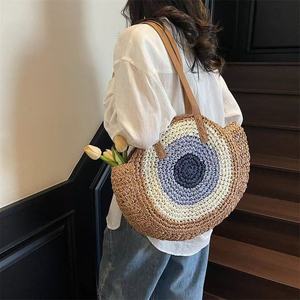 New Fashionable Woven Straw Vintage Round Color Blocked Women's <b>Summer</b> Travel Shoulder <b>Bag</b> with ZIP Closure and Single Strap - Product Image 1