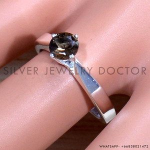 Bague en argent sterling 925 avec quartz fumé naturel taille ronde serti à griffes, bijoux fins faits à la main, bague à bande épaisse, vente en gros, prête à expédier - Product Image 2