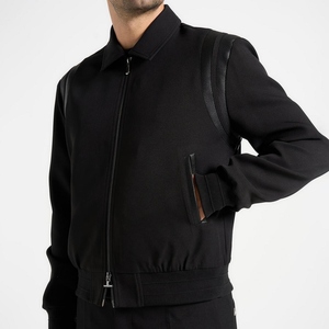 Men's Black Bomber Jacket Turn-down Collar <b>Covered</b> <b>Button</b> Closure Fleece Material Casual Style Eco-friendly Slim Winter Wear - Product Image 5