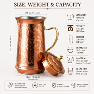 Ensemble de service à eau en cuivre pur authentique avec carafe à couvercle et deux gobelets en cuivre, ensemble de vaisselle traditionnel pour restaurant, hôtel, cuisine - Product Image 5