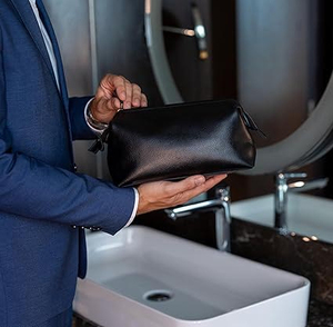 Leather <b>Cosmetic</b> Bag Medium Size Zipper Closure Durable Simple Style Black Travel Toiletries Case <b>Organizer</b> - Product Image 5