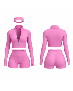 Conjunto de Tres Piezas Personalizado con Logotipo para Mujer 2026, Chaqueta de Manga Larga con Cierre y Estampado de Corazones, Combinada con Pantalones Cortos Plisados y Diadema - Product Image 6