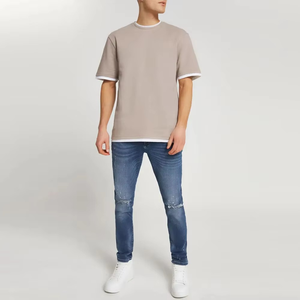 Camiseta de Manga Corta para Hombre, Corte Regular, Color Sólido, con Ribete en Contraste, Cuello en V, Informal, Tejido de Felpa, Ecológica, Transpirable - Product Image 2