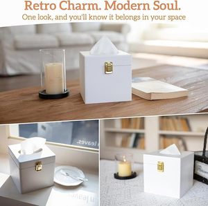 White Wooden Tissue Box Cover Square Facial Tissue Holder with Gold Metal <b>Latch</b> <b>Lock</b> Decorative Napkin Dispenser Case Organizer - Product Image 3