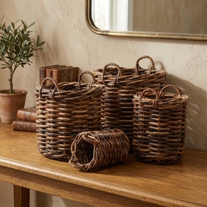 new modern minimalist wholesale set of four natural rattan woven <b>storage</b> <b>baskets</b> rustic round <b>wicker</b> organizer bins with handles - Product Image 2