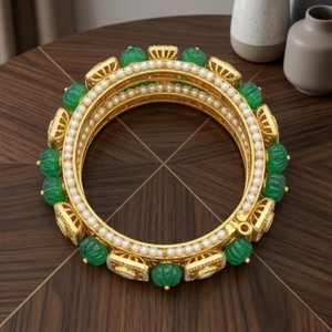 925 Silver Emerald Green Monzo Bangles Designer Pearl <b>Kada</b> Set for Women Antique Bridal Jewelry - Product Image 2