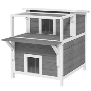 Cuccia per Gatti a Due Piani da Esterno con Balcone, Tetto Apribile e Porta di Fuga, Resistente alle Intemperie, con Pannello Inferiore in Legno di Abete Rimovibile - Product Image 1