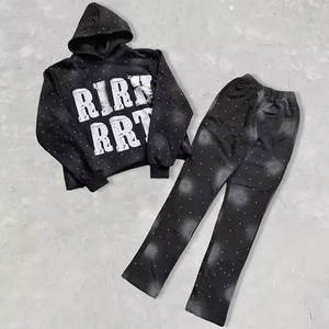 New 2026 Winter Acid Wash Flared Tracksuits <b>Zip</b> 450 GSM 100% Cotton Jogging Suit Distressed Sun Faded Rhinestone Hoodies - Product Image 1