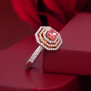 14K White Gold Art Deco Ring 0.53 CT Vivid Red Cushion Cut Lab Diamond Octagon Double Halo Clarity VVS2/VS1 Good Certified IGI - Product Image 3