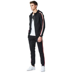 Ensemble de survêtement noir à capuche pour homme, sweat-shirt à fermeture éclair à manches longues avec poches latérales, tenue décontractée d'automne, coupe régulière rayée - Product Image 1