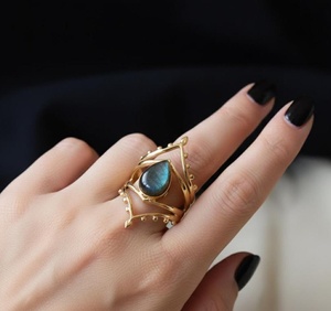 Wholesale Christian Bohemia Natural <b>Labradorite</b> Teardrop <b>Ring</b> 18K Gold Plated Brass Statement Jewelry for Women - Product Image 2