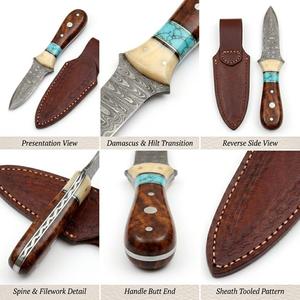Couteau utilitaire d'extérieur en acier Damas forgé à la main avec manche en os et bois turquoise et étui en cuir cousu - Product Image 2