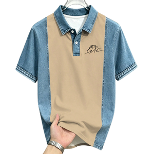 T-shirt décontracté en coton pour homme avec empiècements en jean, manches courtes, coupe classique, respirant, séchage rapide, couleur unie, idéal pour le golf et le quotidien - Product Image 1