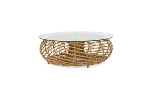 Round Rattan Coffee Table with Glass Top Outdoor Furniture Tropical Design <b>Waterproof</b> UV-Resistant PE Rattan - Product Image 6