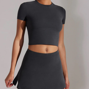 Trendy Women's 2 Piece <b>Knitted</b> <b>Set</b> Black Crew Neck Crop Top With Logo Print Above Knee Skirt Sporty Casual Wear Spring Summer - Product Image 4