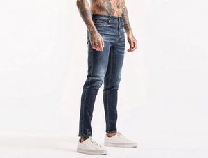 Jean en denim bleu pour homme, taille mi-haute, coupe droite, délavé, patchwork, effet usé, déchiré, extensible, adouci, écologique, vente en gros - Product Image 1