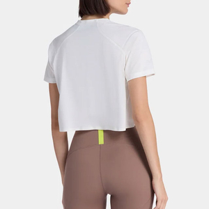 <b>Womens</b> <b>White</b> Crop Top Crew Neck <b>Short</b> <b>Sleeve</b> Knitted Solid Color Fluorescent Detail Sporty Fit for Spring Summer Casual Wear - Product Image 3