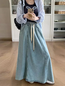 Harajuku Denim <b>Skirt</b> y2k Aesthetic <b>Elastic</b> Drawstring High Waist A Line Flare Jean <b>Skirt</b> Ladies Vintage <b>Skirts</b> Streetwear - Product Image 5