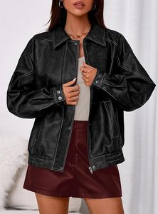 Blouson bomber en cuir PU noir pour femme, manches longues, fermeture éclair, col rabattu, longueur courte, style automne - Product Image 2