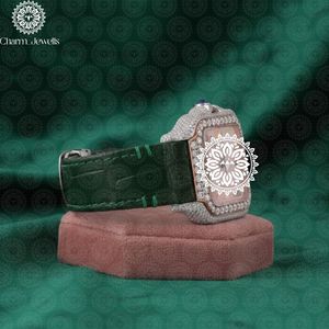 Charm_Jewells Luxury Women's Square <b>Mechanical</b> <b>Watch</b> Stainless Steel Case Diamond Encrusted Leather Band Analog Dial - Product Image 2