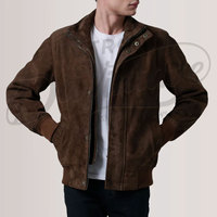 Chaqueta de gamuza marrón oscuro para hombre, con cierre de cremallera, cuello alto, estilo bomber, corte ajustado, de gamuza de cabra premium, tipo Harrington.