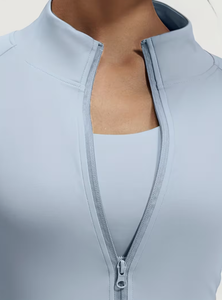 Ensemble 2 pièces sportif bleu clair pour femme, haut zippé à manches longues avec blocs de couleur, leggings assortis à taille marine, tricoté respirant - Product Image 3