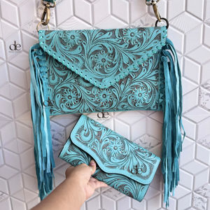 Combo de bolso y embrague con flecos hechos a mano, herramientas de tallado hechas a mano, bolso bandolera de Color turquesa, bolsos y billetera con estilo occidental - Product Image 1