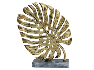 ประติมากรรมใบมอนสเตอร่าสีทองสมัยใหม่ ทำจากอะลูมิเนียม ตั้งบนฐานหินอ่อนสีเทา ตกแต่งด้วยทองเหลืองโบราณ รูปทรงใบปาล์มเขตร้อน สำหรับตกแต่งโต๊ะทำงาน - Product Image 4