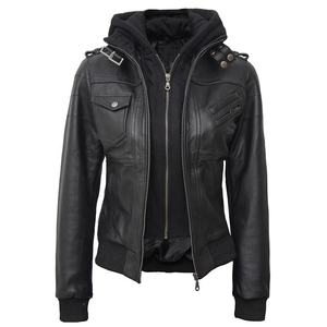Veste de motard en cuir pour femmes, nouveau style de veste en cuir à capuche avec bombardier en peau de mouton noir - Product Image 1