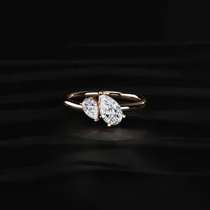 Bague de fiançailles double poire Toi et Moi 1 carat, diamant naturel brillant cultivé en laboratoire, or 14 carats, certifié IGI, luxe, clarté VVS-VS - Product Image 1