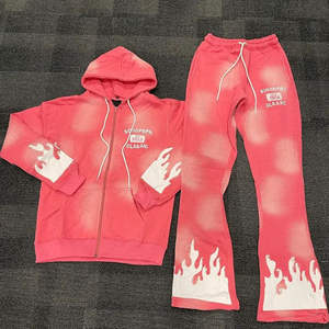 Conjunto de chándal de dos piezas para hombre con cremallera, de algodón, con efecto desgastado por el sol, con logo personalizado del fabricante, sudadera con capucha y pantalón de chándal extragrande - Product Image 4