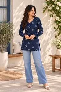 Tunique bleu marine à col en V et manches longues, imprimé blocs, motif à pois blancs, coupe ample, tenue décontractée pour femme - Product Image 6