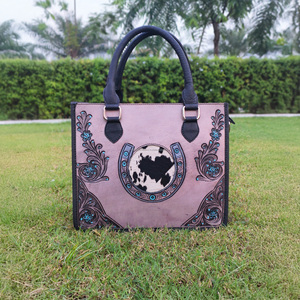 Wholesale Floral Hand Tooled Leather <b>Tote</b> Bag Western Cowgirl Purse for Women with Cowhide Design - Product Image 2