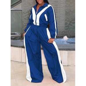 Conjunto Deportivo de 2 Piezas para Mujer, Azul y Blanco a Rayas, Ecológico, Manga Larga, Cierre de Cremallera, Corte Holgado, Cuello Redondo, 120g, Tejido de Poliéster - Product Image 1