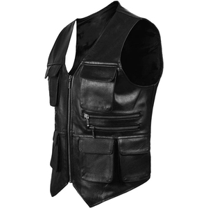 Gilet en cuir véritable pour homme, col en V, fermeture éclair, plusieurs poches, style motard, vêtement d'extérieur pour l'automne, coupe classique - Product Image 6