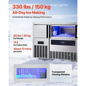 Attrezzatura di Refrigerazione per Cucine Commerciali, Macchina per il Ghiaccio in Acciaio Inox, Produzione 330 Libbre/24H, Capacità di Stoccaggio 88 Libbre, 144 Cubetti/Ciclo - Product Image 4