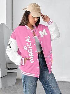 Chaqueta Universitaria Rosa con Bordado Mágico de la Letra M, Estilo Preppy, Corte Regular, Cuello Camisero, Cierre de un Solo Botón - Product Image 1