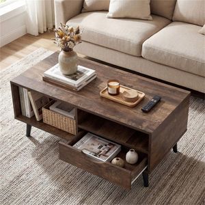 36.5\" Rustic <b>Walnut</b> Engineered Wood Coffee <b>Table</b> with Drawer and Open Shelves for Living Room - Product Image 5