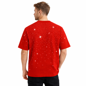 Camiseta roja con pedrería brillante para hombre, estilo oversize, de algodón, con diseño de estrella de cristal, informal, estilo hip hop, top de moda de verano - Product Image 4