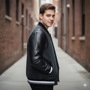 Veste de style universitaire MCM - Manches en laine et cuir véritable - Bomber brodé - Product Image 2