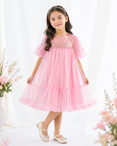 Vestido de Fiesta para Niñas, Color Rosa, con Lentejuelas y Tul, Corte en A |   Elegante Vestido Rosa de Princesa para Cumpleaños - Product Image 4