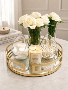 Round Gold Geometric Mirror <b>Tray</b> Brass Decorative Tabletop Home Decor Contemporary Living Room Interior Accent - Product Image 5