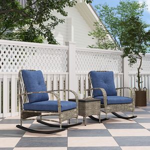 Set di Mobili da Giardino in Vimini, 3 Sedie a Dondolo in Rattan PE con Tavolino e Cuscini, Colore Grigio - Product Image 2