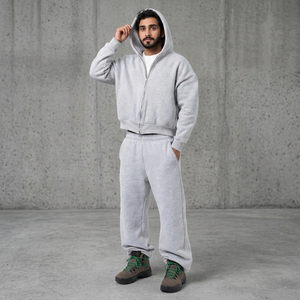 Custom Men's Regular Fit <b>Zip</b> Hoodie Sweatpants Set | 100% Cotton Heavyweight Fleece Tracksuit | OEM ODM Manufacturer Boxy Winter - Product Image 4