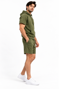 <b>Men's</b> Solid Olive Green Cotton <b>Short</b> Sleeve <b>Hoodie</b> <b>and</b> <b>Shorts</b> <b>Set</b> Custom Casual Tracksuit - Product Image 4