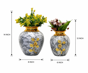 Ensemble de vases modernes en aluminium marbré et laiton, avec col doré, faits à la main, résistants à la rouille, de haute qualité, pour décoration de table, design contemporain - Product Image 3
