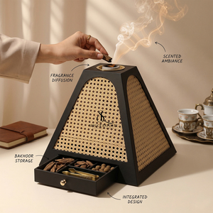 Pyramid-Shaped Wooden Arabic <b>Bakhoor</b> Burner With Rattan Mesh Panels And Storage Drawer, Ideal For Incense And <b>Oud</b> Fragrance Use - Product Image 4