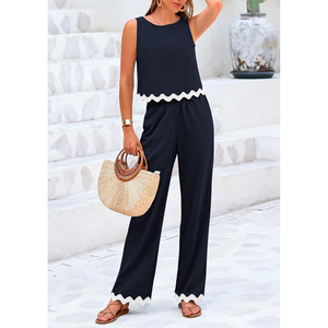 Ensemble 2 pièces d'été pour femme : débardeur court à volants et pantalon large bleu marine uni, respirant et tissé - Product Image 5