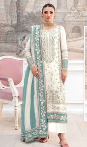 Ensemble de costume pour femmes en tissu froissé brodé avec travail de sequins Khatli |   Dupatta blanc et turquoise longueur cheville |   Indien pakistanais rapide - Product Image 1