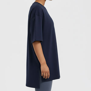 <b>Top</b> Trending Women's Navy Blue O-Neck Short Sleeve Oversized T-Shirt Loose Fit <b>Asymmetric</b> <b>Hem</b> Knitted Solid Color All Seasons - Product Image 6
